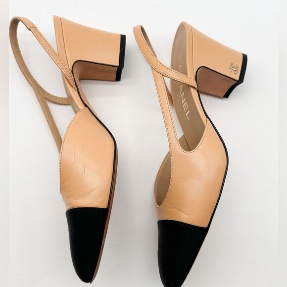 CHANEL Slingback Cap Toe Beige & Black Heels Leather Pumps EU 37.5 US 6.5-7 - Picture 10 of 15